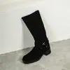 Botas de Moda Estilo Britânico Simples de 5cm Outono e Inverno 2025 Novas Bico Redondo Salto Grosso Até o Joelho Botas de Cavaleiro para Mulheres