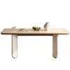 Mesa de Jantar Estilo Retrô Francês Cor Creme Tampo em Laje de Micro-Pedra Cinza Claro Borda em Madeira de Nogueira Uso Doméstico Conjunto Completo de Mesa de Jantar