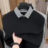 Suéter de Tricô Cor Sólida Falso Duas Peças para Homem, Marca da Moda, Suéter Elegante com Gola Camisa, Camada Interna Slim Fit Outono e Inverno, Listrado, Atacado