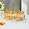 Frasco redondo de ámbar para condimentos con soporte de hierro metálico Frasco de condimentos de plástico PS con tapa con cuchara Caja de almacenamiento de condimentos para cocina