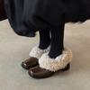 Versión de Piel de Vaca 2026~ Zapatos sin Cordones de Punta Cuadrada con Forro de Felpa para Calidez, Zapatos de Cuero Mary Jane, Zapatos de Algodón, Zapatos de Tacón Grueso de una Sola Pieza, Zapatos Peludos