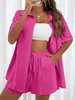 Traje de dos camisas de color liso y shorts de moda transfronterizos AliExpress 2024 para mujer, casual, holgado, de manga corta, de un solo pecho