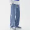 Calça Jeans Masculina Azul Claro com Cintura Elástica Tamanho Extra Grande Solta Reta Perna Larga Casual Versátil Comprimento Total Calça com Cordão