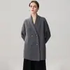 Casaco de Tricô de Caxemira Espesso de Comprimento Médio para Outono e Inverno Feminino Cardigan Dupla Face Preguiçoso Quente Solto Versátil Peça Externa