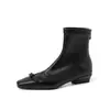 Botas elásticas de couro super stretch para mulheres, botas curtas justas, novo estilo outono e inverno, bico quadrado com laço, zíper traseiro, salto baixo, botas curtas elásticas