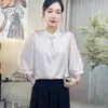 Camisa china de manga tres cuartos, blanca, a la moda, versátil, adelgazante para mujer, top elegante