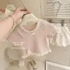 Ropa para niñas: conjunto de verano con lazo de encaje, camiseta rosa dulce de manga corta y bombachos conjunto de dos piezas para bebés niñas