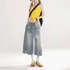 Pantalones Cortos de Verano 2026 de Mezclilla de Longitud Media para Mujer Tendencia Estampado de Estrellas Cintura Alta Sueltos Adelgazantes de Moda Pantalones de Pierna Ancha de Tres Cuartos