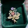 Broche de Ramo de Diamantes Redondos Grandes de Siete Colores para Industria Pesada Aleación Incrustado con Pedrería Rama Hoja Pin Traje Abrigo Chal Corsage Fábrica