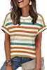 Comércio Exterior Transfronteiriço Site Independente Amazon Tk Produto Novo Mais Vendido Gola Redonda Pulôver Camiseta Listrada Casual Manga Curta Color Blocking Top Feminino