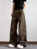Jeans de Trabajo Vintage Marrones Desestructurados Lavados para Hombre, Pantalones Rectos Anchos de Pierna Ancha con Pliegues Sueltos de Moda