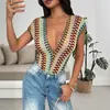 Macacão Sexy Colorido Bordado Listrado Decote V Profundo Estilo Novo Primavera/Verão 2026 Macacão Sem Mangas Venda Quente Europeu e Americano para Mulheres