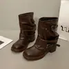 Fivela de Cinto Botas de Cano Curto Bootleg Femininas Bico Redondo Salto Bloco Botas Curtas Franzidas Bico Redondo Salto Bloco Botas Martin Retro Botas de Cavaleiro Femininas