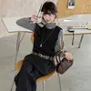 Traje de Pantalón Ancho de Mezcla de Lana con Lunares y Seda Brillante para Niña 2026 Nuevo de Cintura Alta Holgado Otoño Casual de Pierna Recta Conjunto de Tres Piezas