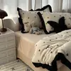 Conjunto de 4 Peças Suave Retro Ins Simples Bolinhas Renda Preta Veludo Leite Inverno Conjunto de Lençol Ajustado de Veludo Coral 4