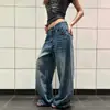 Jeans com estampa de estrela, design de fivela Paris estilo americano para homens e mulheres, calças casuais versáteis, lavadas, folgadas, retas, perna larga