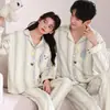 Pijama 100% Algodão para Mulheres e Casais, Outono e Inverno, Manga Longa, Calça Longa, Cardigã, Gola Lapela, Desenho Animado, Solto, Conjunto para Casa, Pode Ser Usado Fora