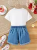 Venta Caliente 2024 Camiseta Corta Estampada de Cuello Redondo para Niñas Shorts de Mezclilla Estampados de Fresas Bolso para Niñas traje