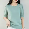 Camiseta de punto de hilo de algodón puro minimalista de manga corta para mujer, holgada, transpirable, de manga media, capa base, suéter de manga media, top adelgazante