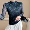 Camiseta Básica de Cuello Alto para Mujer 2025 Otoño e Invierno Nuevo Diseño Top de Malla Estampada con Elegante Camiseta Interior de Manga Larga