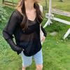 Suéter transparente calado de verano 2024 delgado estilo coreano largo medio holgado estilo perezoso cuello en V blusa de protección solar para mujer