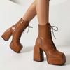 Botas Martin femininas, bico quadrado, salto especial, salto grosso, plataforma frontal, cadarço, botas femininas de cano curto, salto alto
