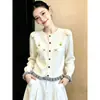 Cardigan de punto estiloso de cuello redondo 2026 con ribete de encaje floral tridimensional, adecuado para primavera, otoño e invierno, un top versátil y adelgazante para mujer