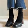 Botas elásticas delgadas marrones retro francesas con empalme para mujer con punta cuadrada y cremallera trasera, botas cortas de tacón alto para personas pequeñas, botas calcetín