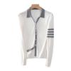 [Hengjia Dq] Cárdigan de Lana de Punto Fino Slim Fit de Manga Larga con Cuello Polo de Rayas en Contraste
