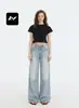 Jeans de pierna recta estilo americano para hombres y mujeres, vintage, desgastados, sencillos, tridimensionales, modernos, de pierna recta, casuales, de pierna ancha, holgados, pantalones largos