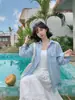 [Estoque Pronto em Nossa Própria Fábrica] Camisa Azul Casual Solta Fina de Manga Longa Proteção Solar Camisa Preguiçosa Jaqueta para Mulheres