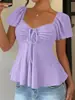 2026 Verano Nuevo Amazon TUME Estilo Europeo y Americano Cuello en V Cordón de Ajuste Manga Corta Sexy Color Sólido Camiseta para Mujer
