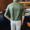 Camisa de verano para hombre de alta gama, cuello de punta, lino sintético, manga media, corte ajustado, casual, transpirable, ligera