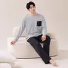 Algodón PuroPijama para Hombre Primavera y Otoño Cuello Redondo Manga Larga Pantalón Largo Adolescente Casual Ropa para el Hogar Conjunto de Dos Piezas