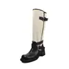 Couro Genuíno ~ Fivela Retrô Botas Longas Cavaleiro Femininas Outono Inverno Hot Girl Botas de Motocicleta Salto Escondido Franzido Empilhado Botas Longas