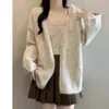 Cardigan de Tricô Novo Estilo Outono e Inverno Estilo Preguiçoso, Suéter Elegante de Cor Sólida, Suspensórios de Renda Femininos, Conjunto de Duas Peças de Roupa Externa Solta