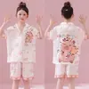 Pijama de Niña para Verano, Seda de Hielo Delgado de Manga Corta Dibujos Animados Linda Niña Grande Conjunto de Verano Ropa para el Hogar