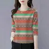 Camiseta Listrada Longa Estilo Retro Coreano para Mulheres, Gola Redonda, Estilosa, Rejuvenescedora, Emagrecedora, Roupa da Mamãe, Roupas para Mulheres de Meia-Idade e Idosas
