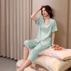 [Seda de Gelo e Neve] Pijama Refrescante de Seda de Gelo Feminino Verão Manga Curta Calça Cropped Cor Sólida Roupas de Casa de Alta Qualidade Conjunto de Duas Peças
