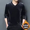 Camisa Base Masculina Outono e Inverno Moda Clássica Veludo Manga Longa, Camiseta Casual Tendência Slim Fit Lã Gola V para Jovens