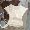 Playera de Manga Corta de Una Pieza con Almohadilla en el Pecho para Mujer Verano Nueva Playera de Cuello Redondo con Hombro Caído Top Ajustado Versátil para Chica Picante