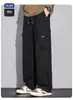 Calça juvenil versátil de perna reta, moderna, da moda, casual, para trabalho, estilo japonês retrô, cor sólida, multi-bolsos, design bordado