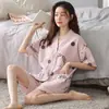 Pijama de Mujer Verano Algodón Puro Manga Corta Casual Holgado Estudiantes Verano Delgado Cárdigan Kimono Dulce Conjunto de Ropa para el Hogar