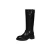 Fivela de Cinto Ajustável Couro de Vaca Botas de Cavaleiro Outono e Inverno 2025 Solado Grosso Salto Médio Grosso Bico Redondo Cano Largo Cano Alto Botas para Mulheres