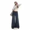 Jeans Azul de Cintura Alta Micro Flare para Mulheres Baixas Calças Flare Não Apertadas para Mulheres Calças Longas Azul Escuro Transfronteiriças em Estoque