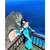 Deslumbrante Vestido Cauda de Peixe Flor de Lótus Estilo Francês, Sexy e Puro, Realça Sua Figura, Vestido Longo com Alças Finas Estampado Floral para o Verão