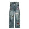 Pantalones Cargo Bordados de Hello Kitty para Mujer 2025 Sueltos Rectos Lavado Retro Bolsillos Múltiples Pierna Ancha