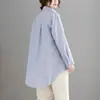 Camisa de Algodón Bordada de Longitud Media y Manga Larga 2026, Rayada Versátil Artística Talla Grande Blusa Holgada