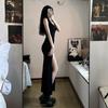 Vestido negro sin mangas con abertura alta para mujer, vestido sexy de estilo Spice Girl, de verano, con figura delgada y favorecedor, con bolso y mangas.