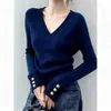 Elegante suéter de punto gris con cuello en V estilo francés para mujer, jersey de otoño, impresionante top base ajustado